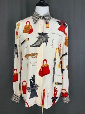 Vintage 90s Starington Novelty Print Silk Button Up Blouse  Sz 8 -10